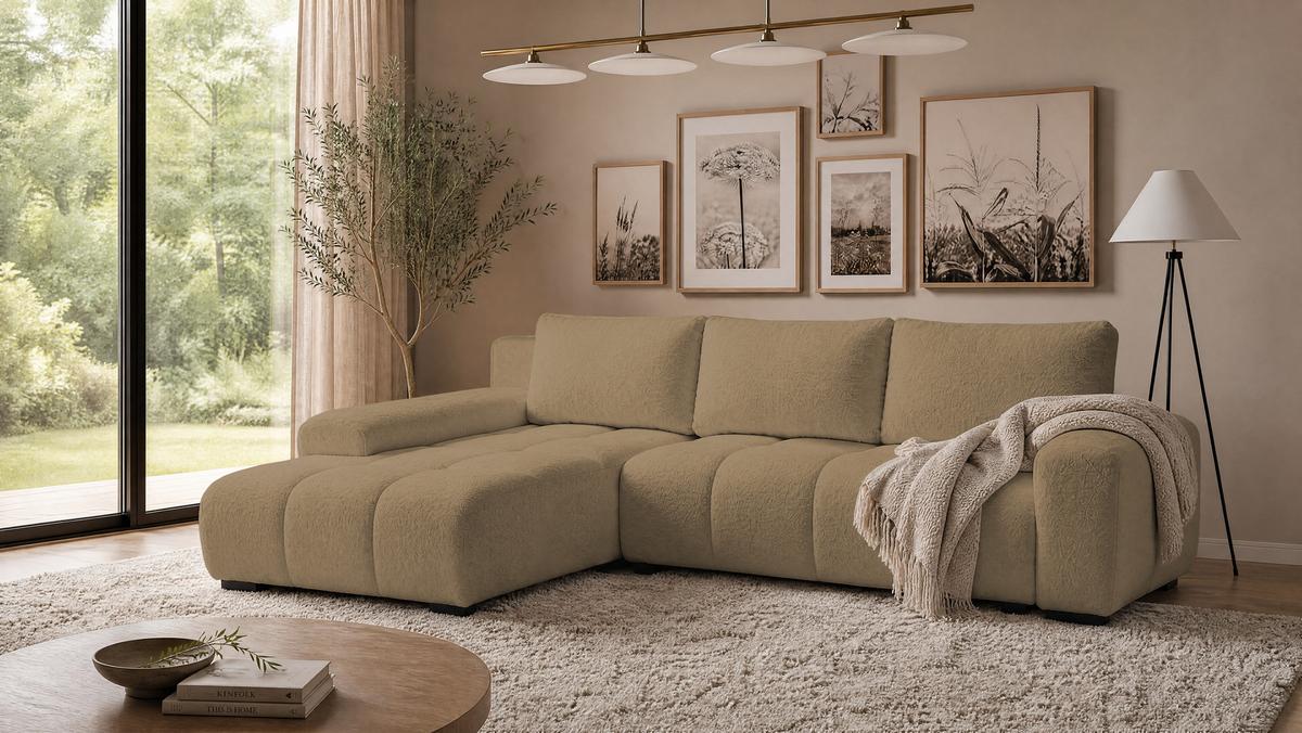 ECKSOFA Ovia mit Bettkasten und Schlaffunktion, Bouclé-Stoff in L-Form - Cappuccino, Textil (270/185cm)