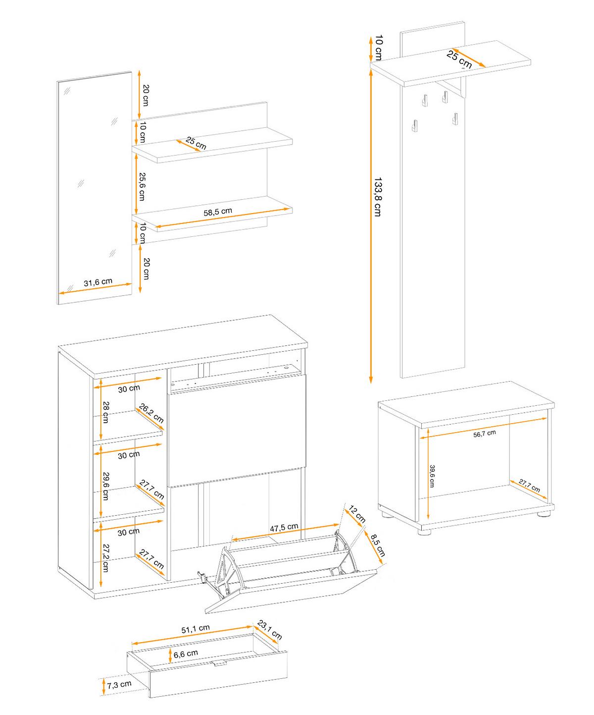 GARDEROBE Set Eiche Jackson, schwarz 170 cm, Garderobenkombination mit 3D-Lamellen - Eichefarben/Schwarz, Holzwerkstoff/Kunststoff (160/202/35cm) - Furn.Design