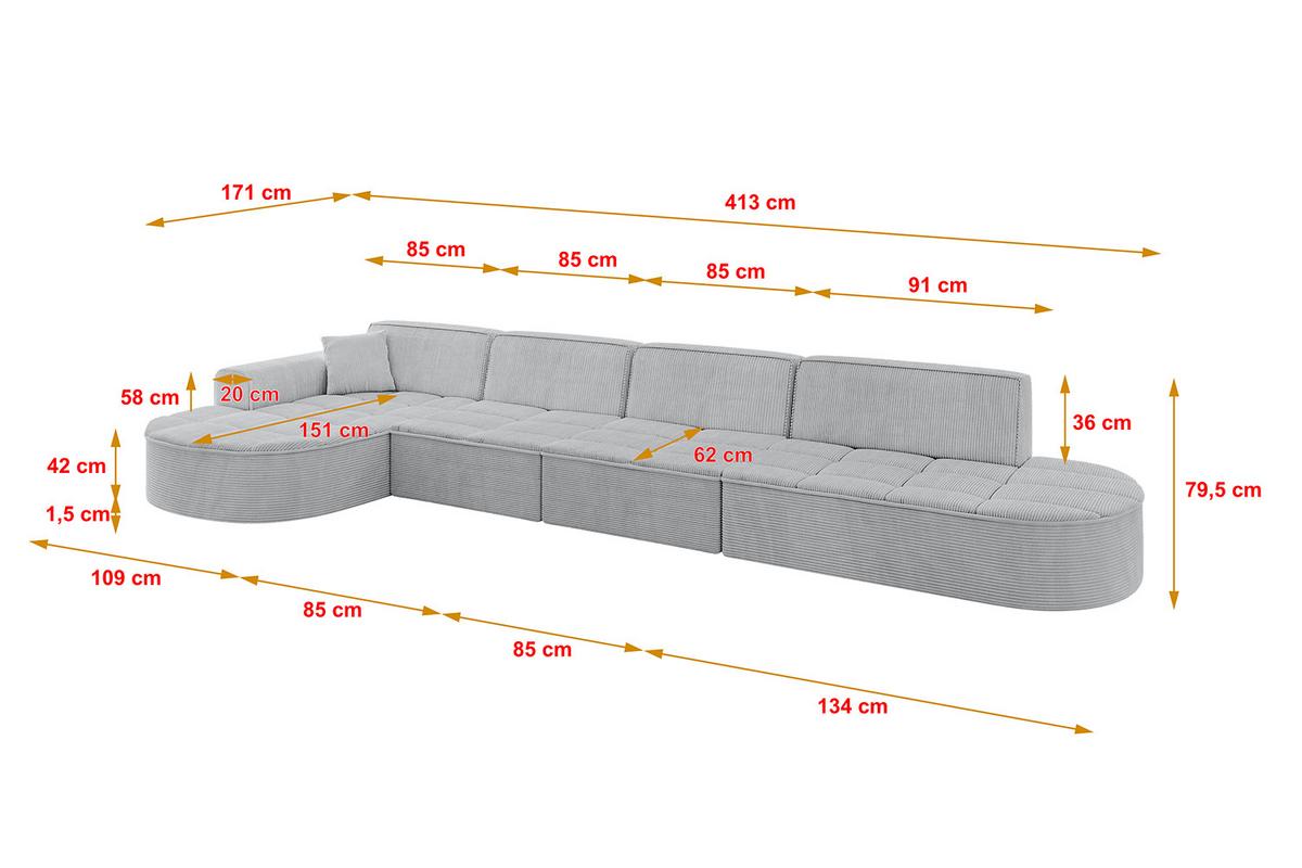 ECKSOFA Ottomane Links TARO-L3 - 413x171x79,5 cm Grau - Grau, Holzwerkstoff/Textil (413/171cm) - ALTDECOR