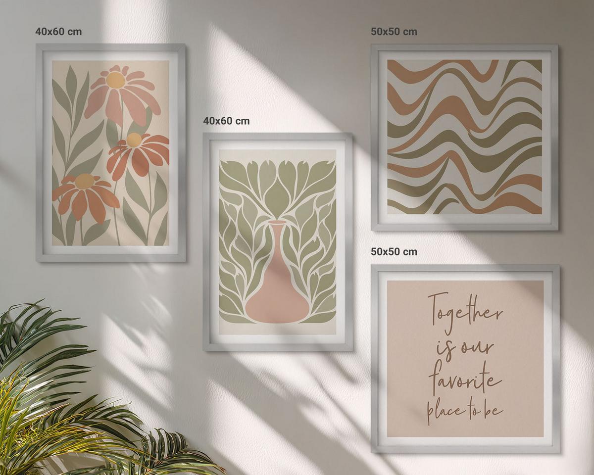 BILDER SET 4er Set - 50x50 cm & 40x60 cm Silberner Rahmen - Abstrakte Pastellblumen - Silberfarben, Kunststoff (50/50cm) - TULUP