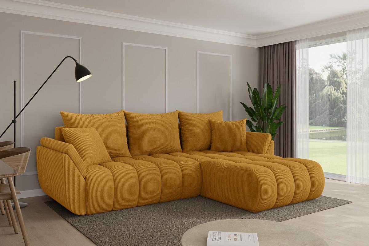 ECKSOFA mit Schlaffunktion Ottomane Rechts TOKO-L-v1 277x194x86 Senfgelb Cord - Dunkelgelb/Schwarz, Holzwerkstoff/Kunststoff (277/194cm) - ALTDECOR