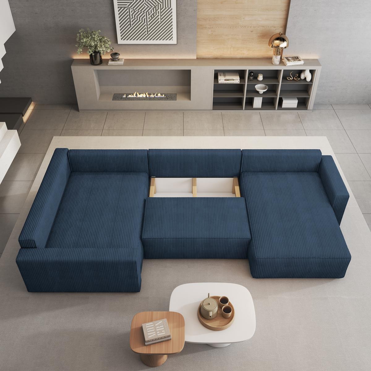 WOHNLANDSCHAFT VELAMI L-S Blau Kordstoff mit Schlaffunktion - Blau, Holz (365/83/194cm) - MASSENO