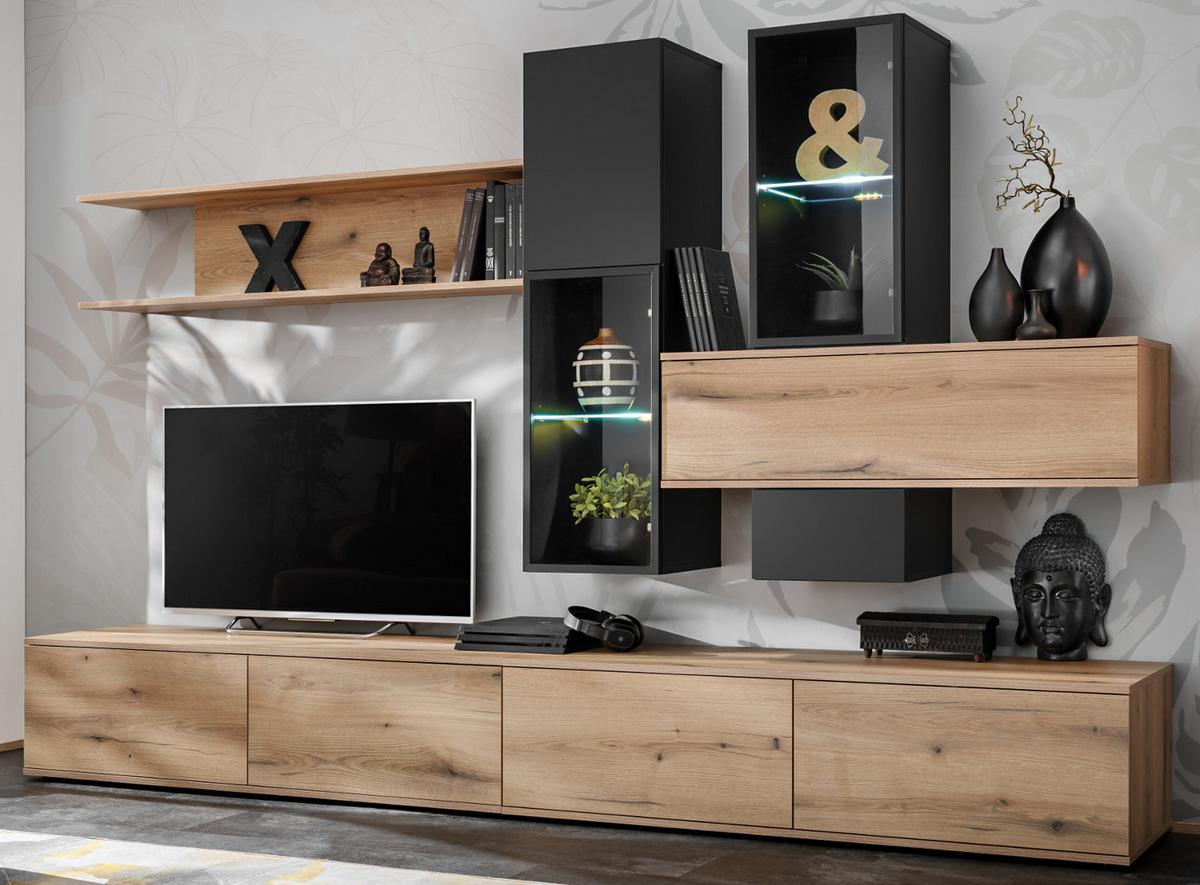 WOHNWAND Eiche, schwarz 280 cm, Schrankwand mit Push-to-Open inklusive Beleuchtung - Eichefarben/Schwarz, Glas/Holzwerkstoff (280/180/45cm) - Furn.Design
