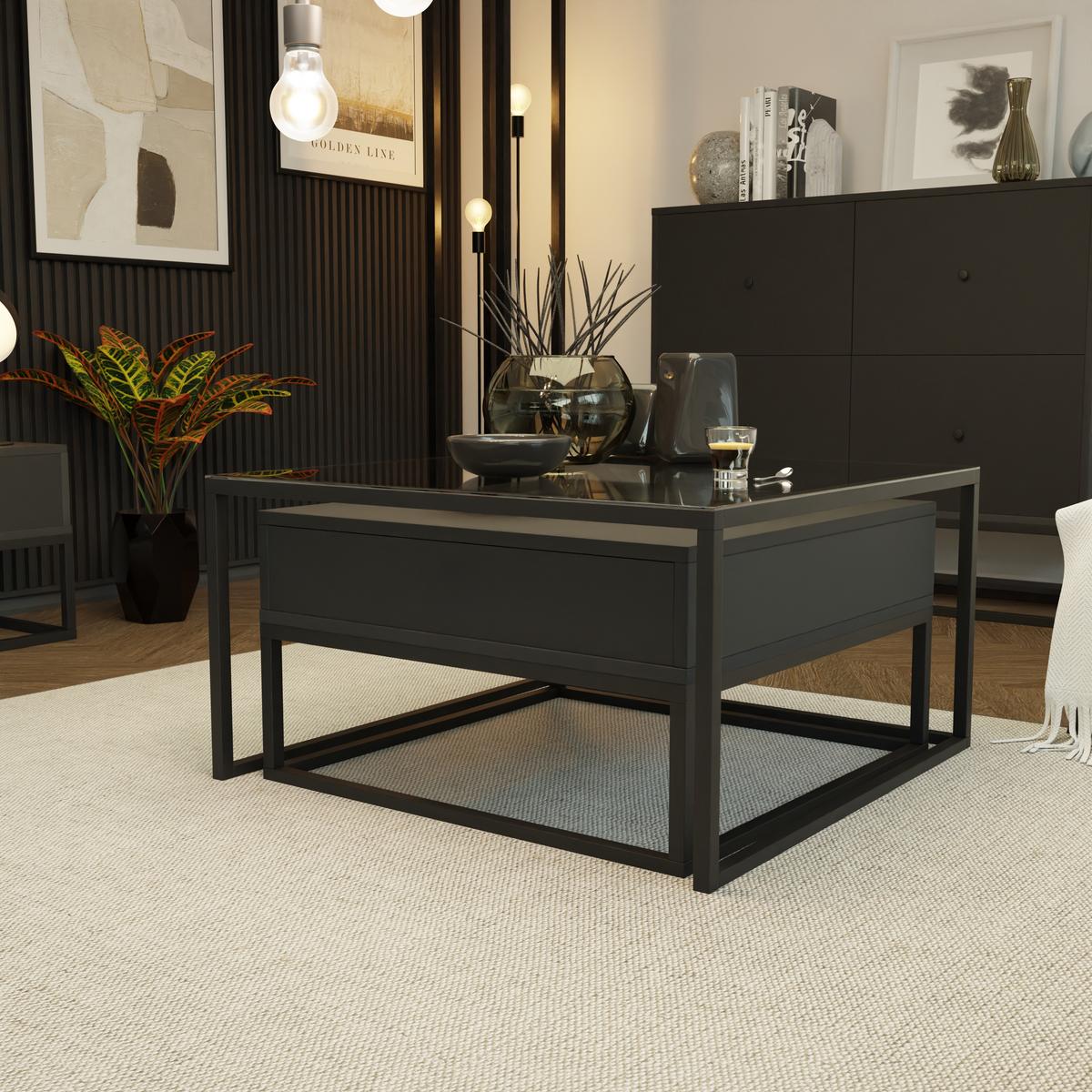 COUCHTISCH quadratisch Schwarz, MDF/Glas Tischplatte, Rahmen Schwarz - Schwarz, Glas/Holzwerkstoff (70/70/42cm) - Idohome