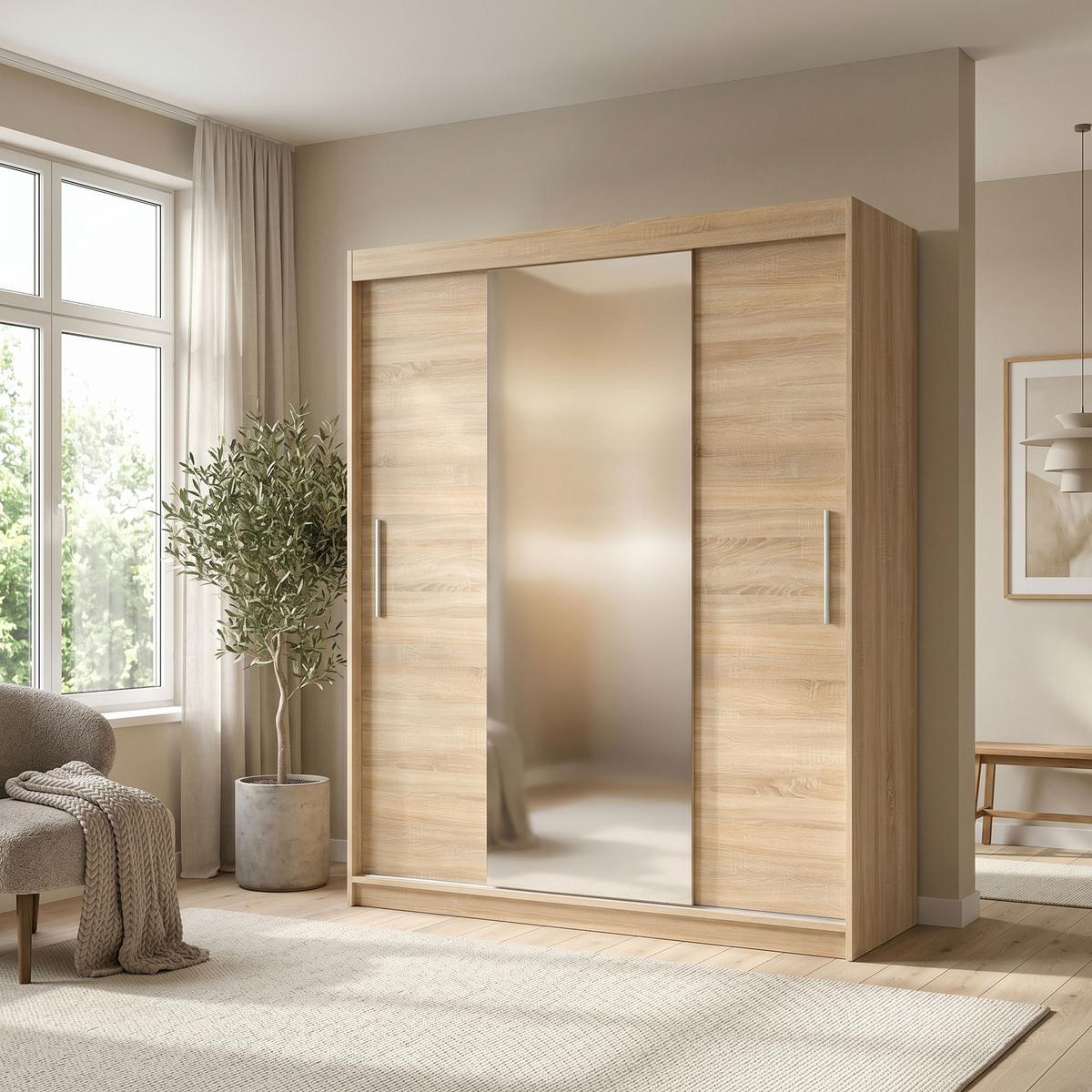 SCHWEBETÜRENSCHRANK VIVA 180/215,5/59cm 2-türig mit Spiegel Sonoma Eiche - Sonoma Eiche, Holzwerkstoff (180/215.5/59cm) - MASSENO