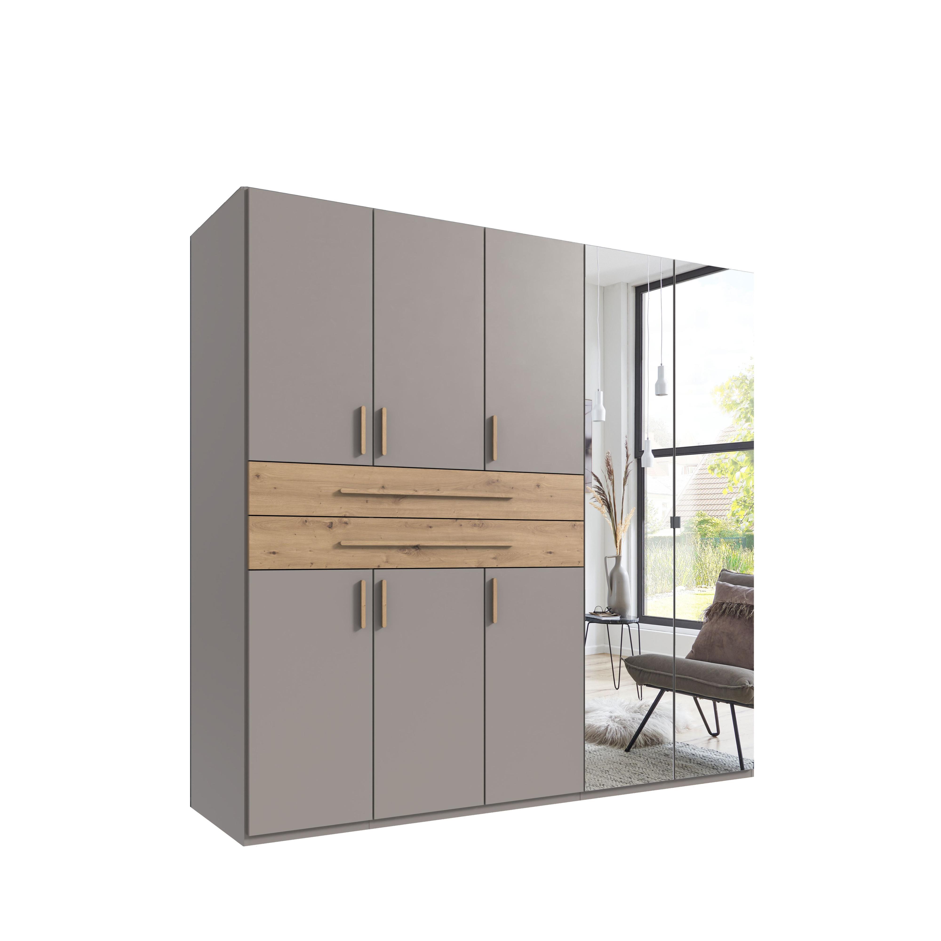 DREHTÜRENSCHRANK B225/H208/T58 cm Sandgrau, Kleiderschrank mit 2 Spiegeltüren, 2 großen Schubkästen & Griffen in Eiche Artisan Dekor / 22635 - Sandfarben/Eiche Artisan, Holzwerkstoff/Kunststoff (225/208/58cm) - luma-home