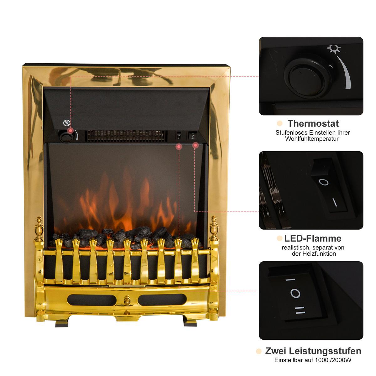ELEKTROKAMIN Kaminofen 1000/2000W Elektrischer Kamin Standkamin Gold - Goldfarben, Metall (18.5/59.2/48.2cm) - HOMCOM