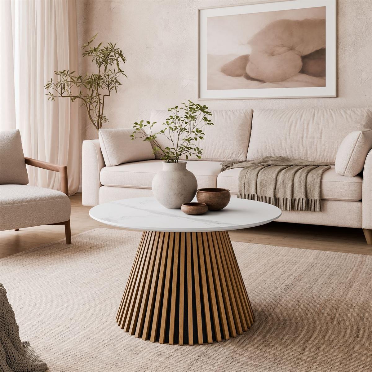 COUCHTISCH MISTY mit Lamellenfuß, weißer Marmor - Weiß, Holzwerkstoff (80/80/45cm) - Lookway
