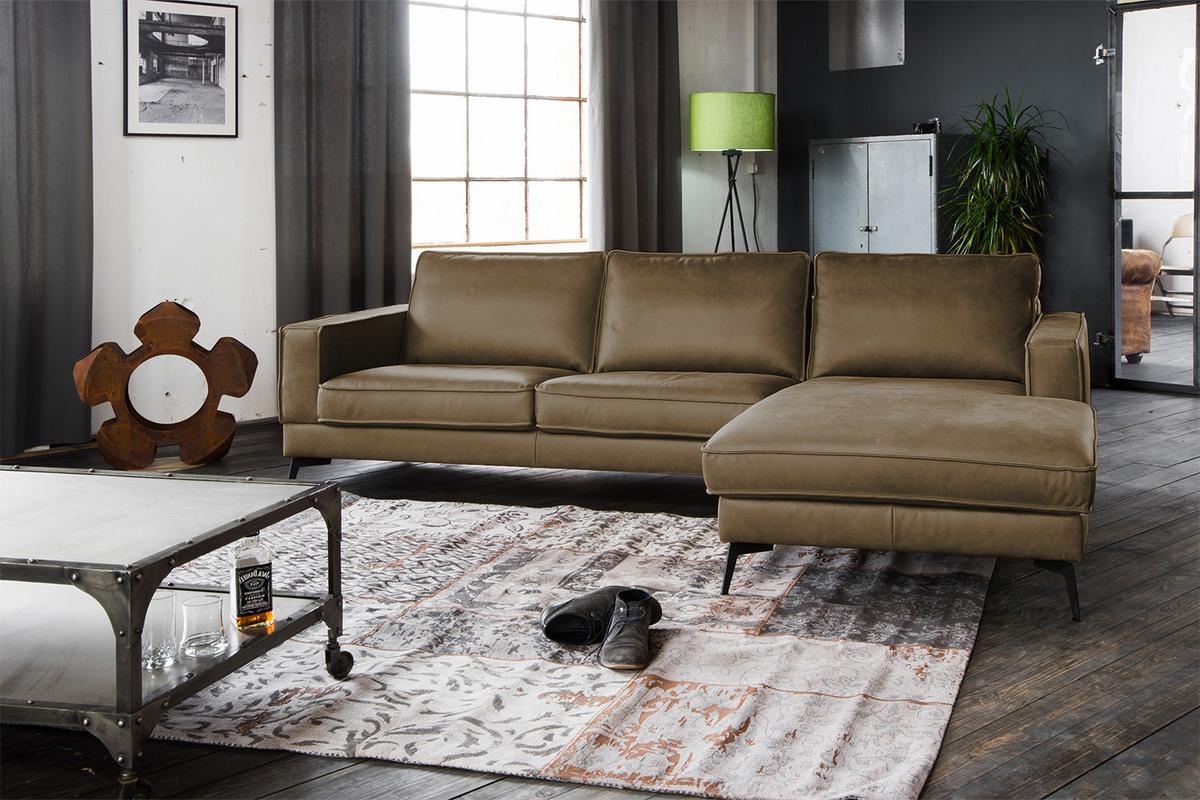 ECKSOFA BLOOM Beige Leder - Beige/Schwarz, Leder/Metall (276/177cm) - KAWOLA