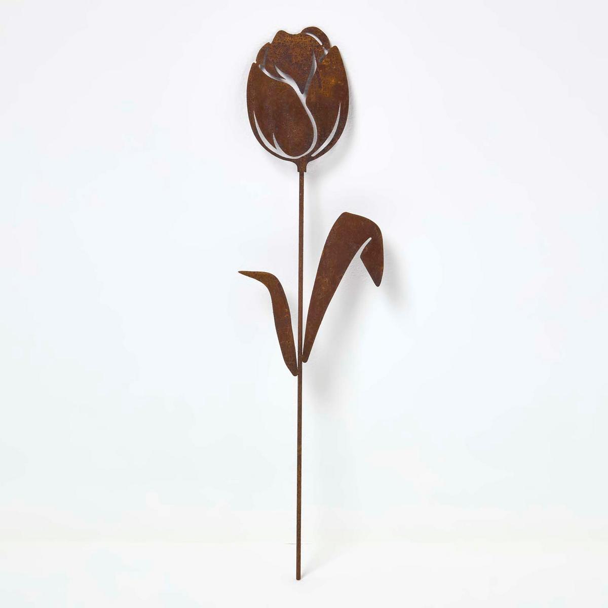 GARTENSTECKER Metall – 2er-Set Tulpen Gartendeko in Rostoptik - Dunkelbraun, Metall (37cm) - Homescapes