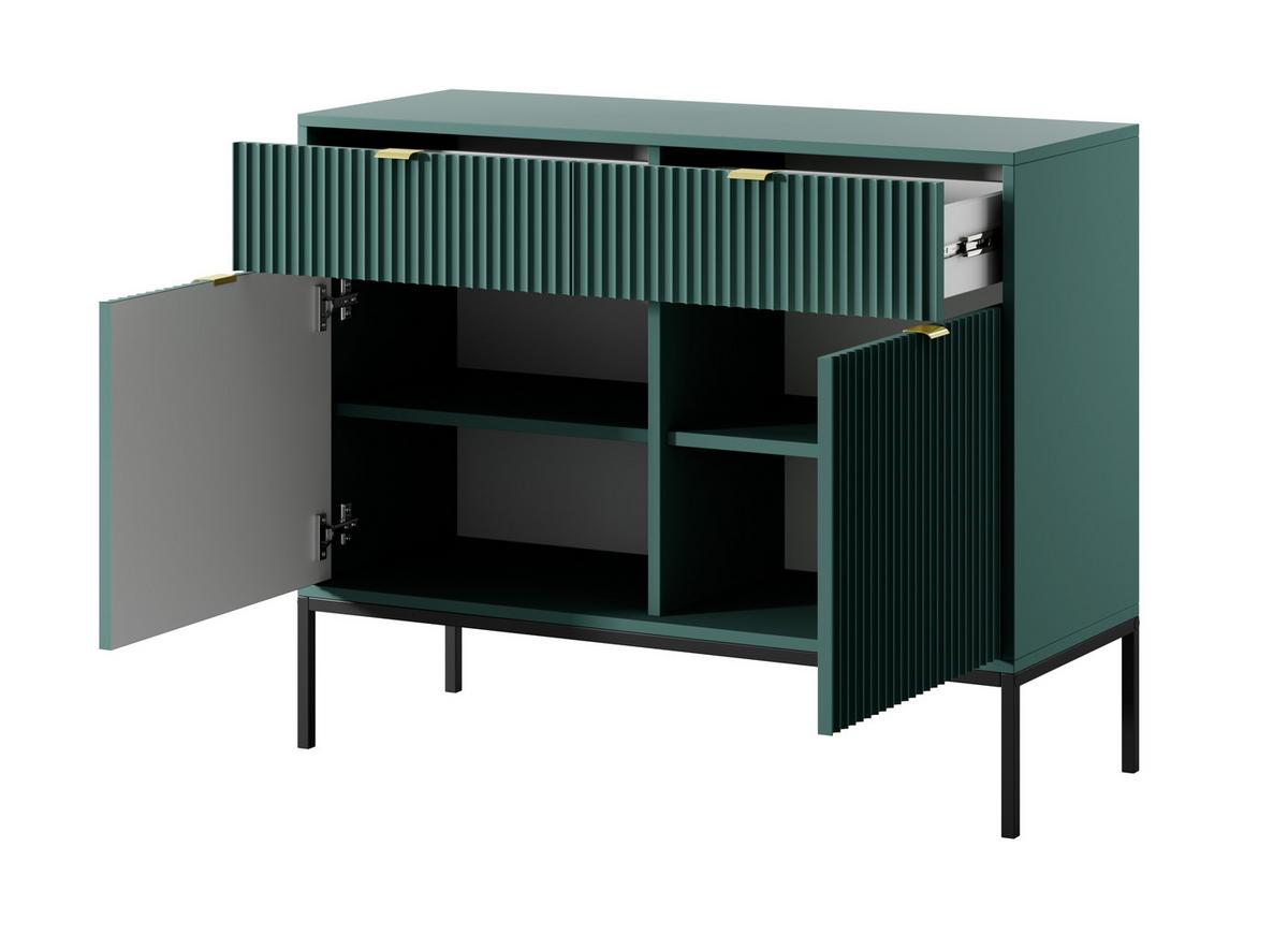 SIDEBOARD Eternas 2T 2S Grün 104/83/39 cm – schwarze Füße, mit geriffelten Fronten - Schwarz/Grün, Holzwerkstoff (104/83/39cm) - AX Living