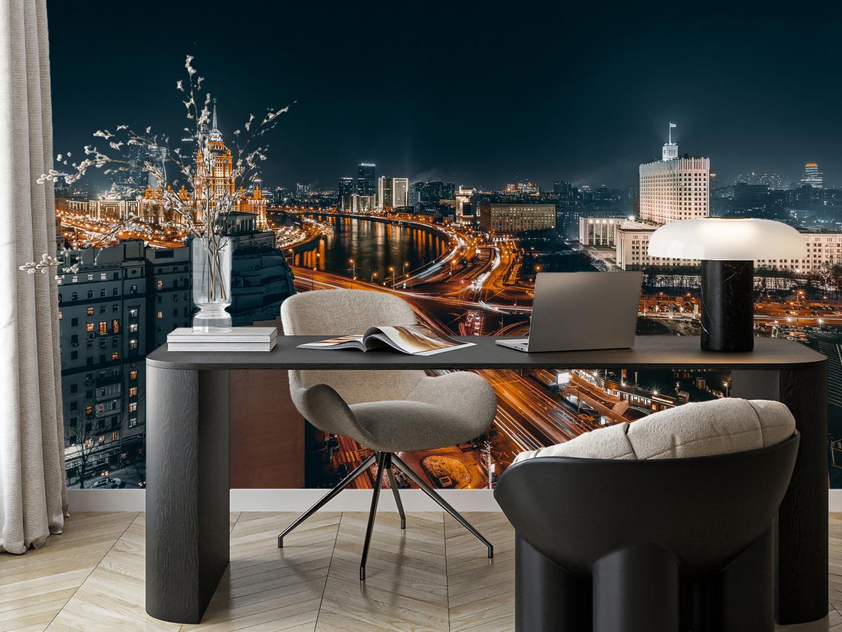 FOTOTAPETE für Wohnzimmer Moskau Nacht Panorama Metropole Straßen 100x70 - Beige/Schwarz, Papier (100/70cm) - Muralo