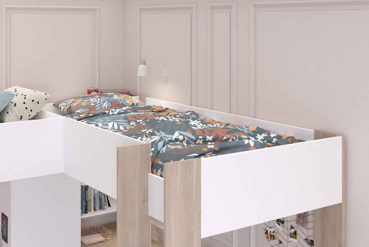 HOCHBETT weiß, Eiche, Kinderzimmer mit 2x Bett Liegefläche 90 x 200 cm - Eichefarben/Silberfarben, Holzwerkstoff/Kunststoff (90/200cm) - Parisot Meuble