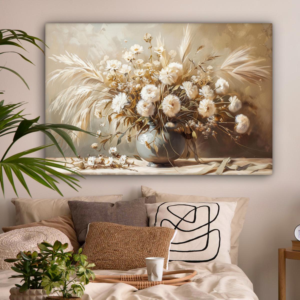 LEINWANDBILD Blumen - Vase - Stilleben - Beige Wohnzimmer Groß 120x80 cm - Creme, Textil (120/80cm) - MuchoWow