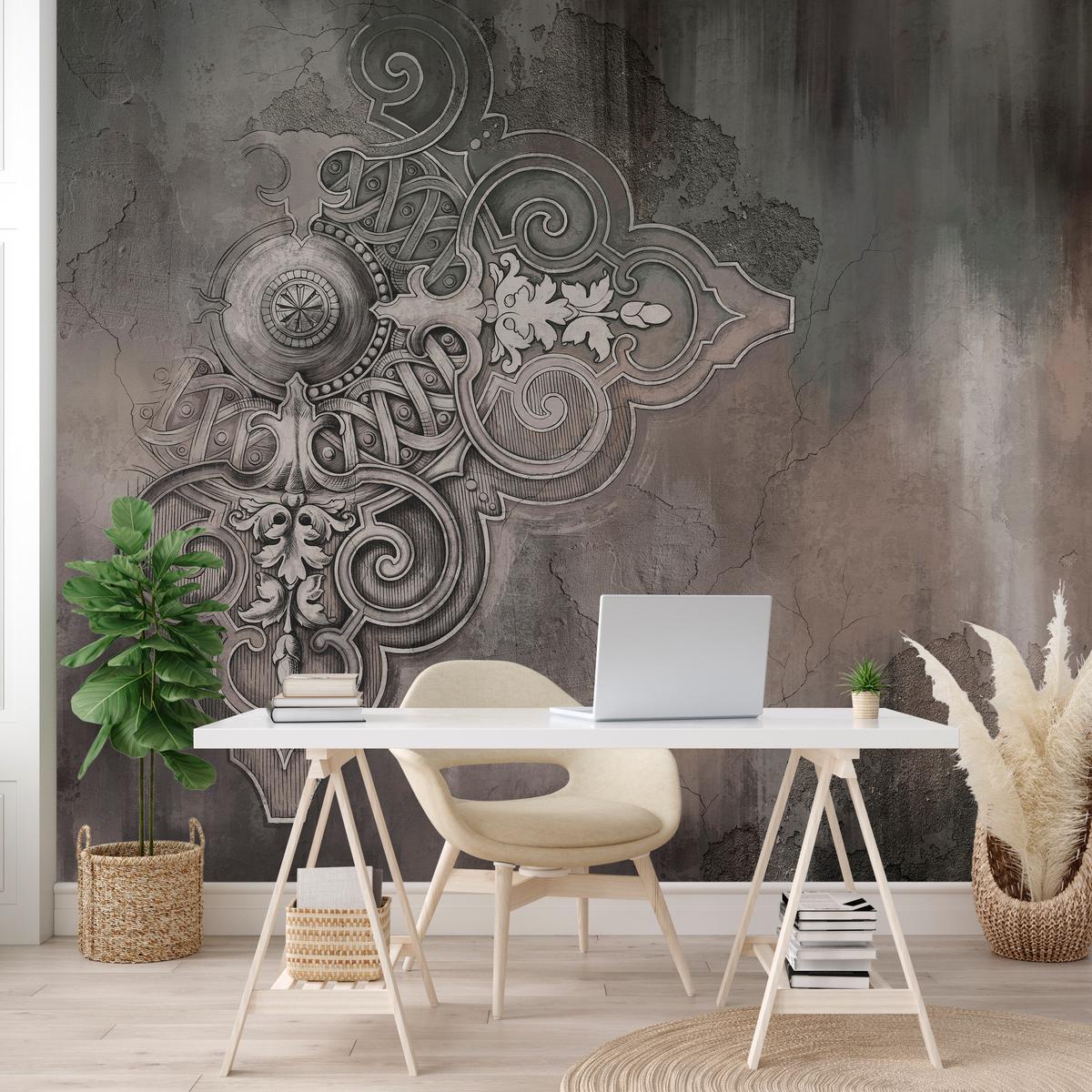 FOTOTAPETE für Wohnzimmer Retro Ornament Betonwand 350x256 - Schwarz/Braun, Papier (350/256cm) - Muralo