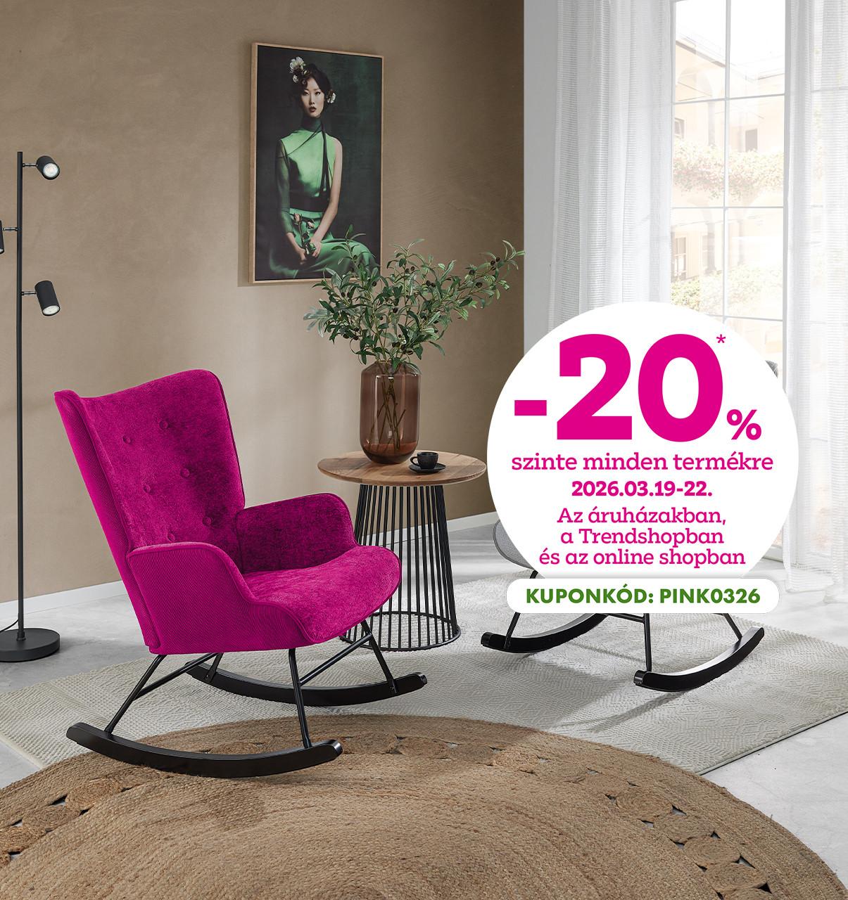 -20% szinte minden termékre 2026.03.19-22. között az áruházakban, a Trendshopban és az online shopban! Online vásárlásnál használd a PINK0326 kuponkódot a kedvezmény érvényesítéséhez.