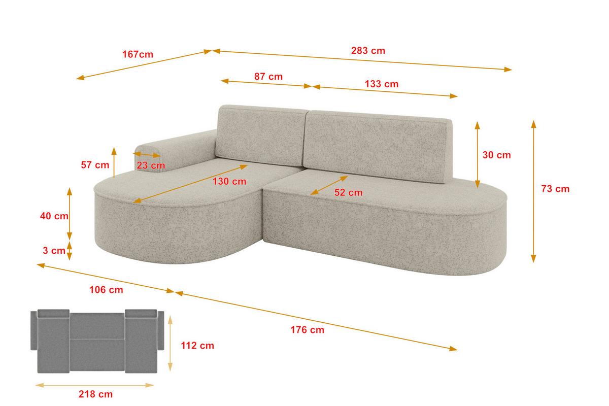 ECKSOFA mit Schlaffunktion und Bettkasten Ottomane Links MARI-L1-S - 283x167x73 cm Beige Tissu - Beige/Schwarz, Holzwerkstoff/Kunststoff (283/167cm) - ALTDECOR