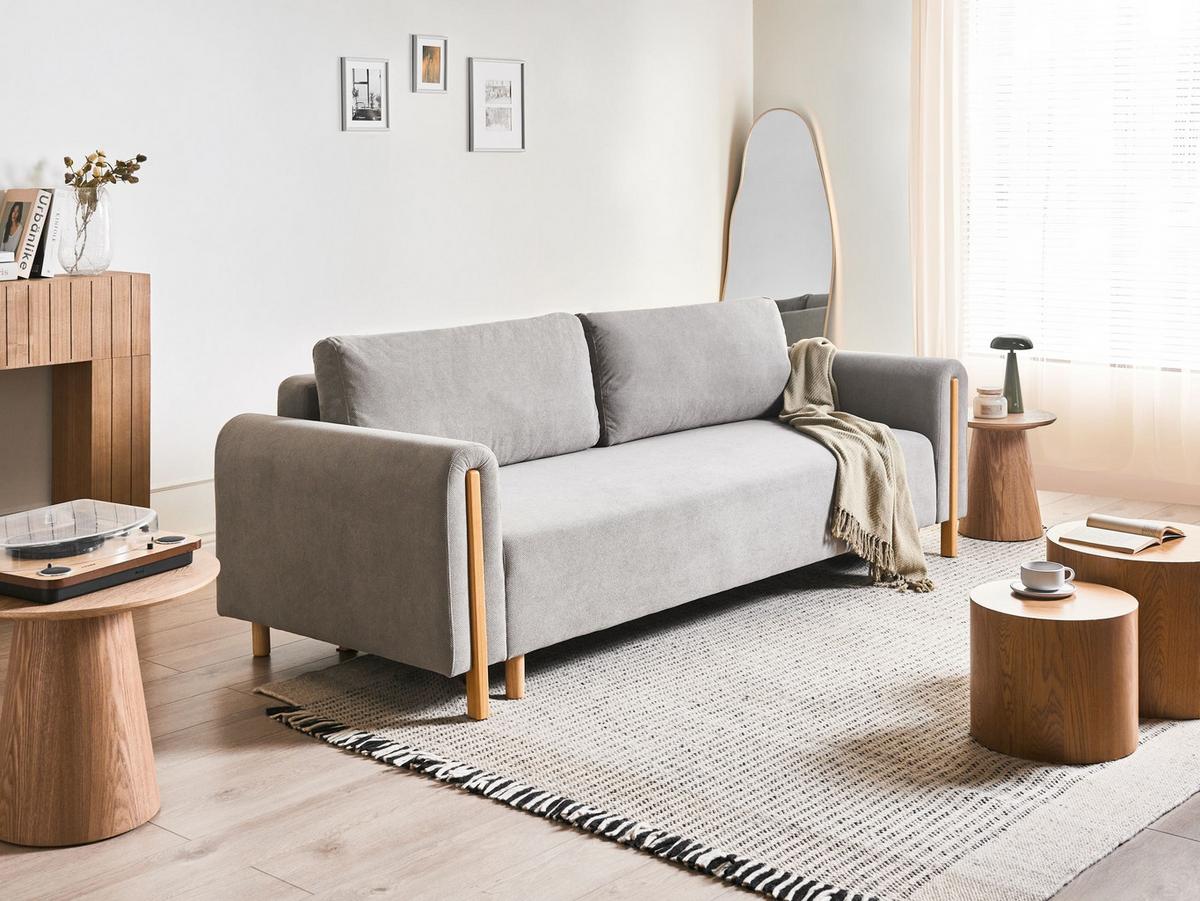 SCHLAFSOFA 3-Sitzer Stoff Grau mit Stauraum Kvam - Hellbraun, Textil (242/85/99cm) - Beliani