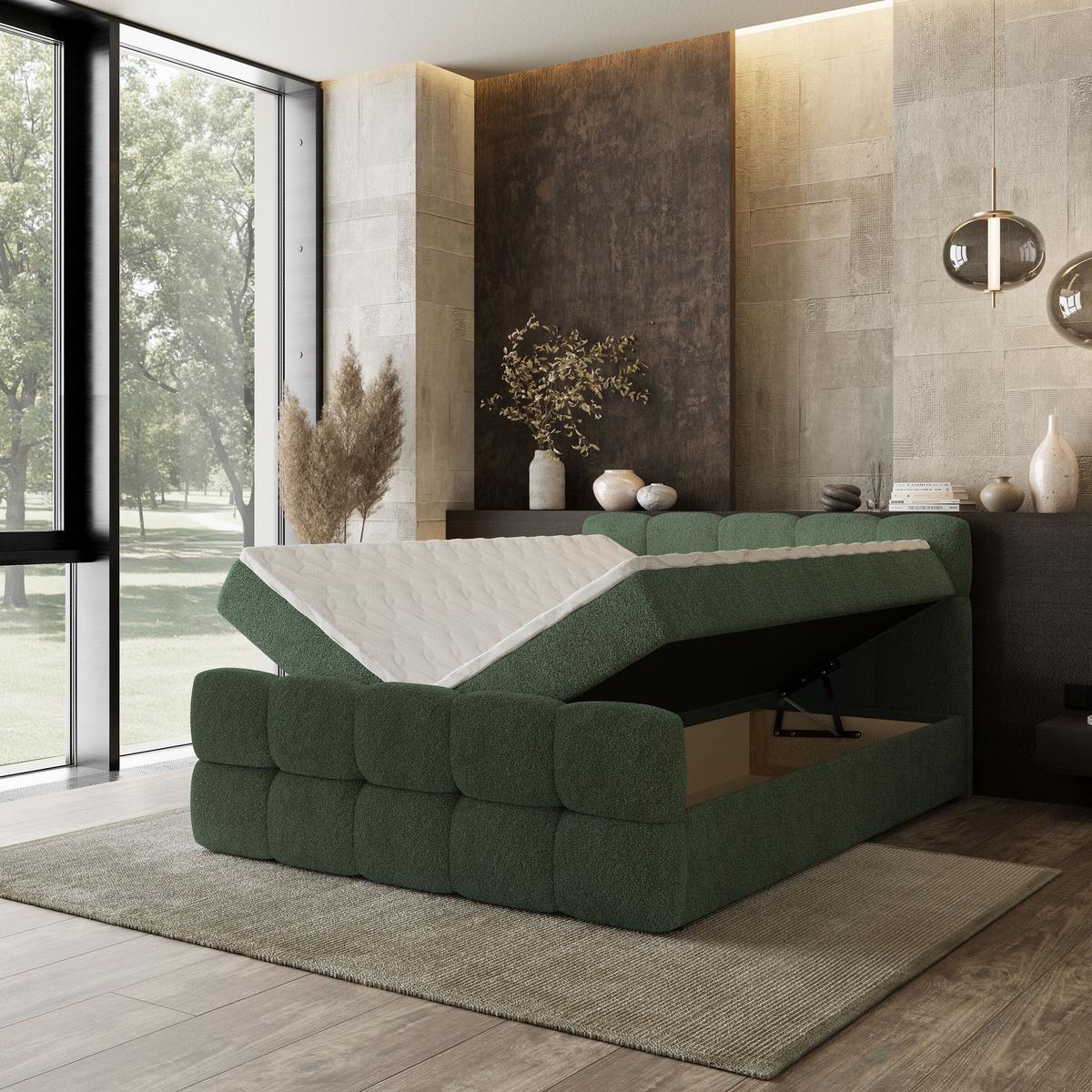 BOXBETT BRUME 180x200 cm mit Matratze und Topper, H2+H3 - Grün - Grün, Holz (180/200cm) - MASSENO