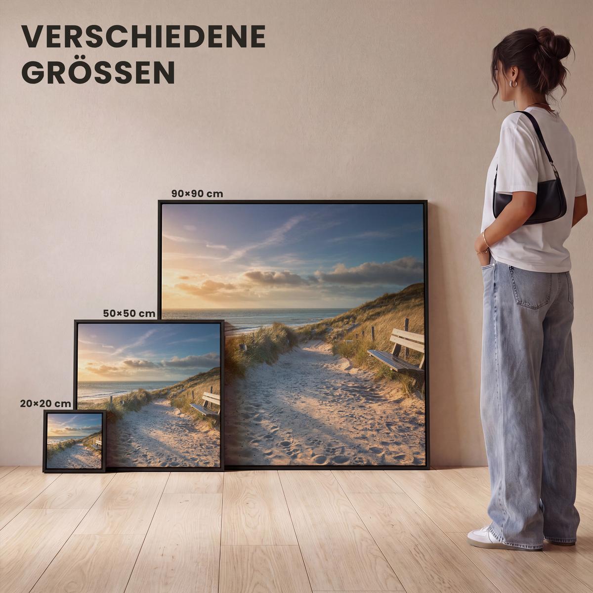 LEINWAND Bilder mit Rahmen - Sonnenuntergang - Strand - Düne - Gras - Ufer - 90x90 - Sandfarben, Textil (90/90cm) - MuchoWow