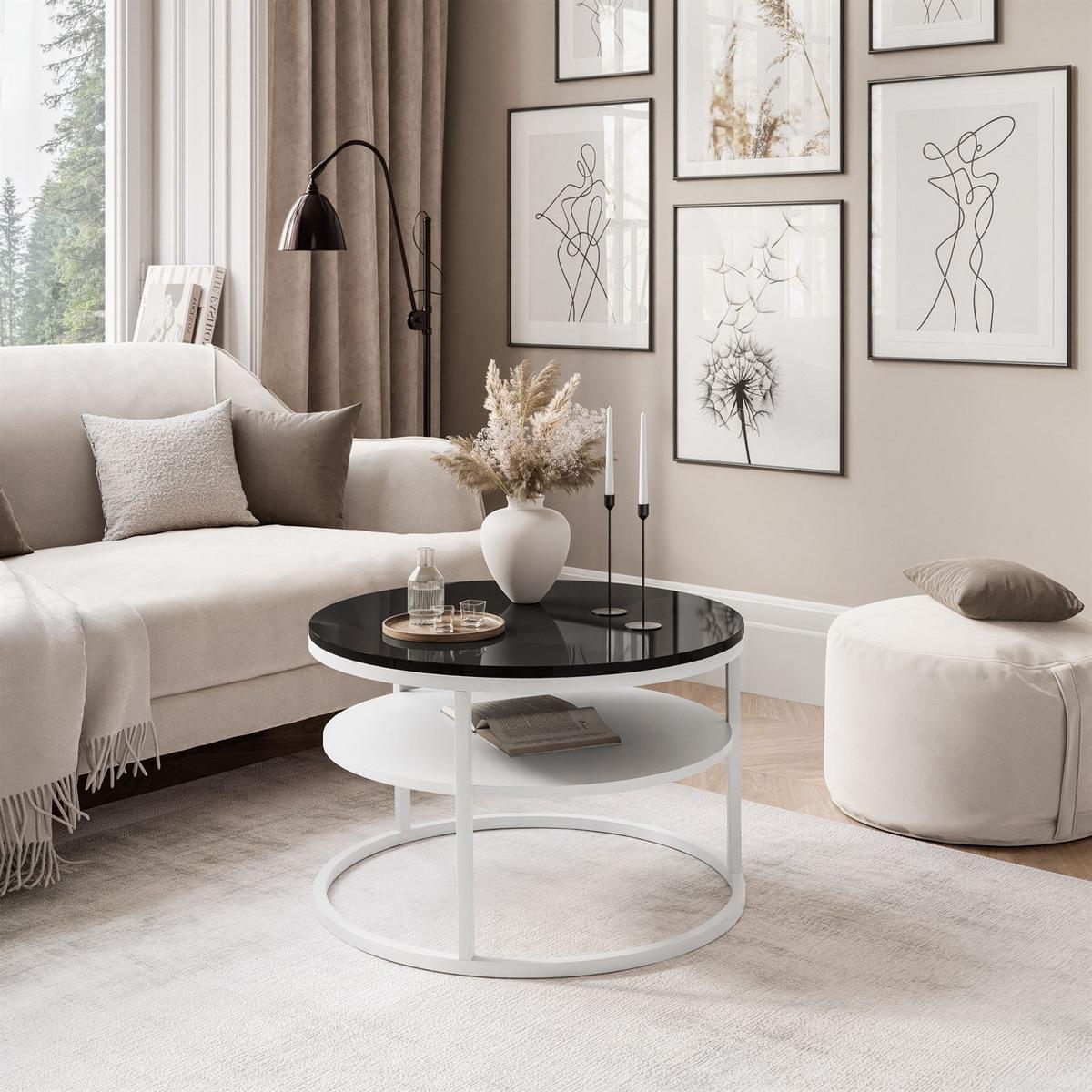 COUCHTISCH CIRI SLIM mit Regal Hochglanz - Schwarz/Weiß, Holzwerkstoff (60/60/42cm) - Lookway