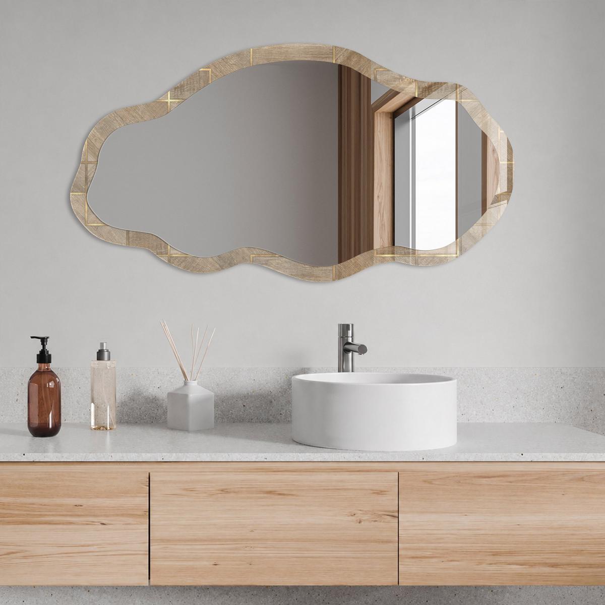 SPIEGEL 90x45 cm asymmetrisch mit Druck - Holzgeometrie - Transparent, Glas (45/90/0.4cm) - TULUP