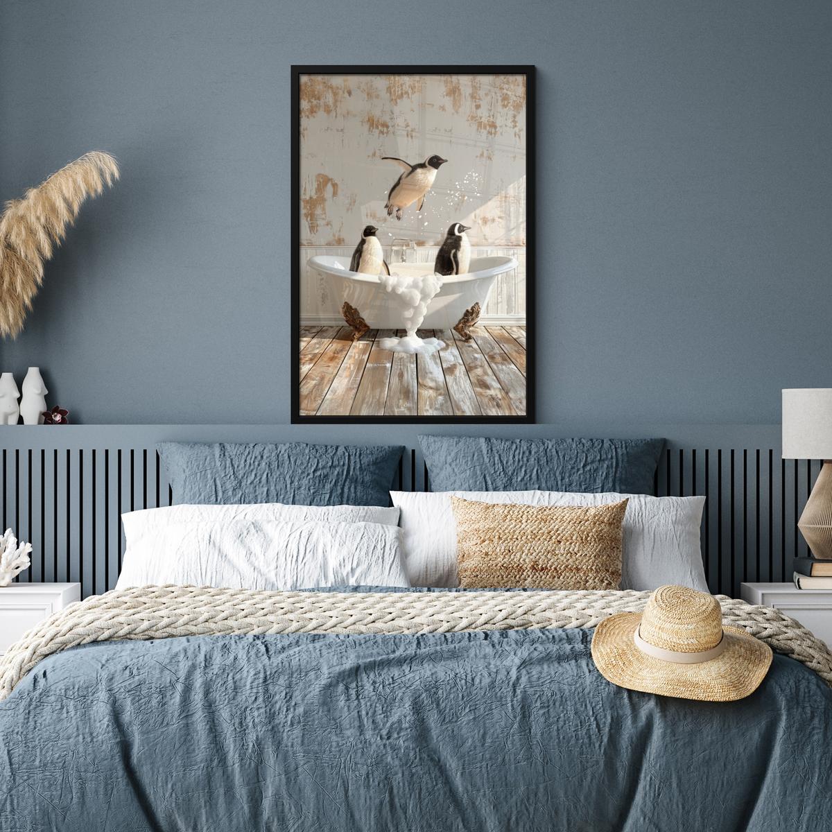 POSTER MIT RAHMENGERAHMTES BILD Vintage - Pinguin - Badewanne - Schaumstoff 60x90 cm - Schwarz, Papier (60/90cm) - MuchoWow