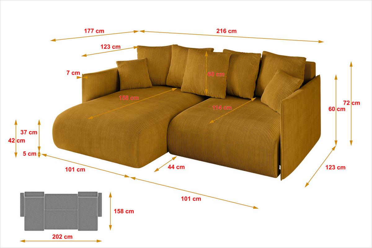 ECKSOFA Ottomane links ONESK-L 216x177x72 Senfgelb Cord - Currygelb, Holzwerkstoff/Kunststoff (216/177cm) - ALTDECOR