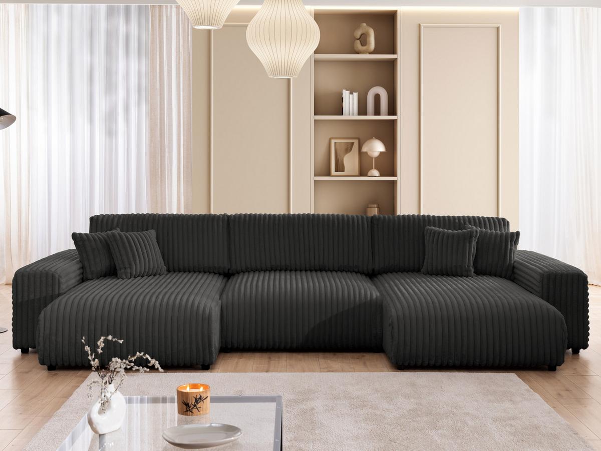 WOHNLANDSCHAFT Mollis Dunkelgrau Plüschcord mit Schlaffunktion - Dunkelgrau/Schwarz, Holz/Kunststoff (350/77/168cm) - S-Style Möbel