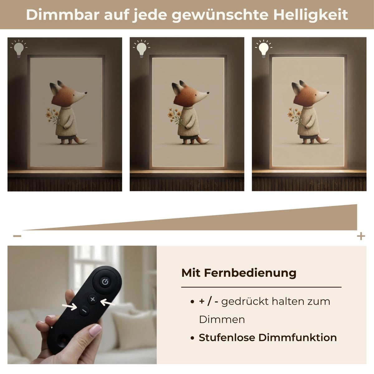WANDLEUCHTE MIT AKKU Fuchs - Gelbe Blumen - Minimalistisch 40x60 cm - Taupe, Holzwerkstoff (40/60/8cm) - OnlyWow