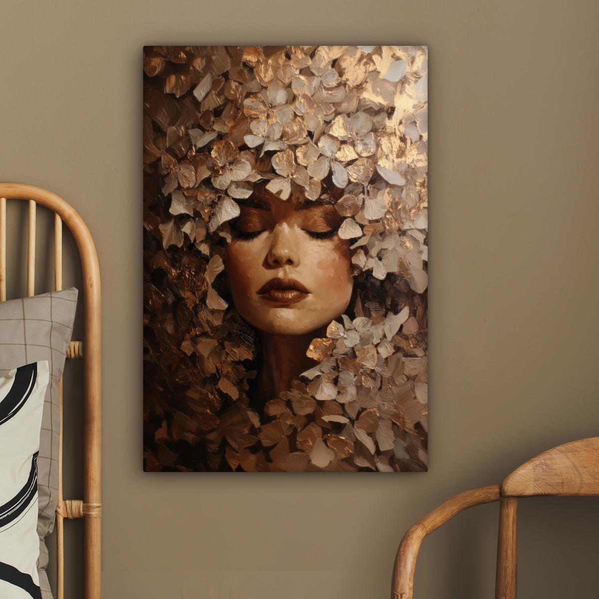 LEINWANDBILD Gesicht - Dame - Blätter - Pinselstriche Wanddeko 40x60 cm - Goldfarben, Textil (40/60cm) - MuchoWow