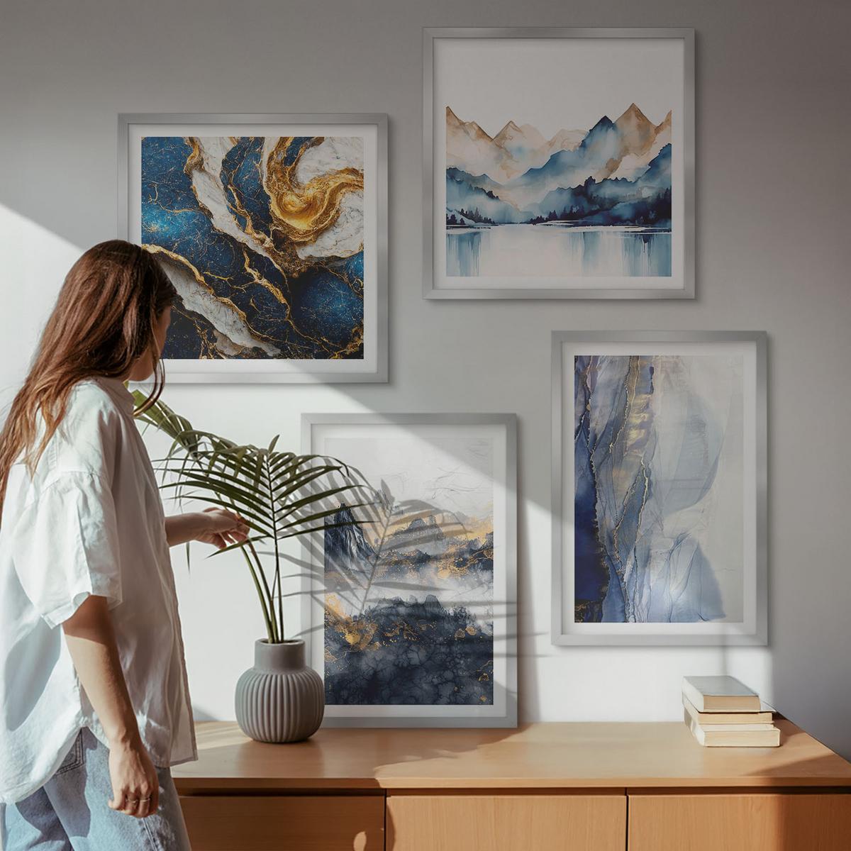 BILDER SET 4er Set - 50x50 cm & 40x60 cm Silberner Rahmen - Blaue Berglandschaften - Silberfarben, Kunststoff (50/50cm) - TULUP