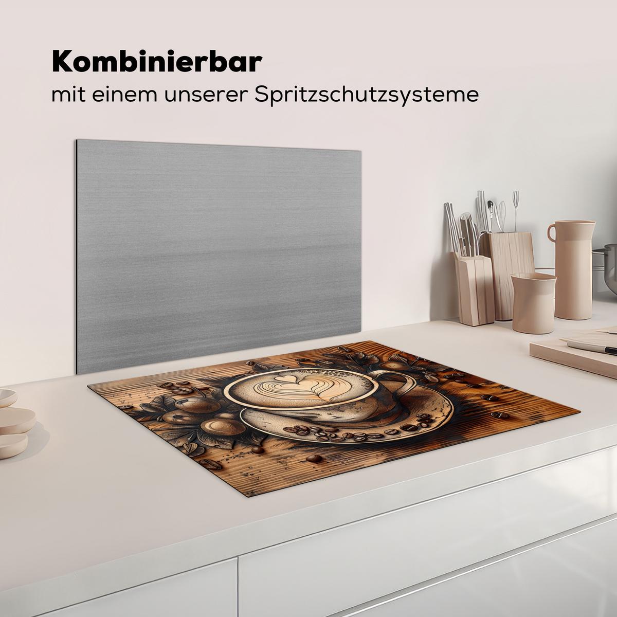 HERDABDECKPLATTE Kaffee - Vintage - Braun - Tasse - Holz Induktionsmatte 71x52 cm - Cappuccino, Kunststoff (71/52/0.2cm) - MuchoWow