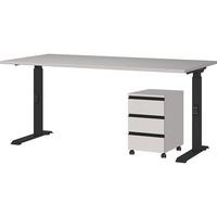 BÜROMÖBEL Set 2-teilig | Schreibtisch 160x80cm & Rollcontainer Greige/Schwarz | Einstellbar 68-91 cm & Soft-Close - Beige, Holzwerkstoff/Metall (80/215/91cm) - KADIMA DESIGN