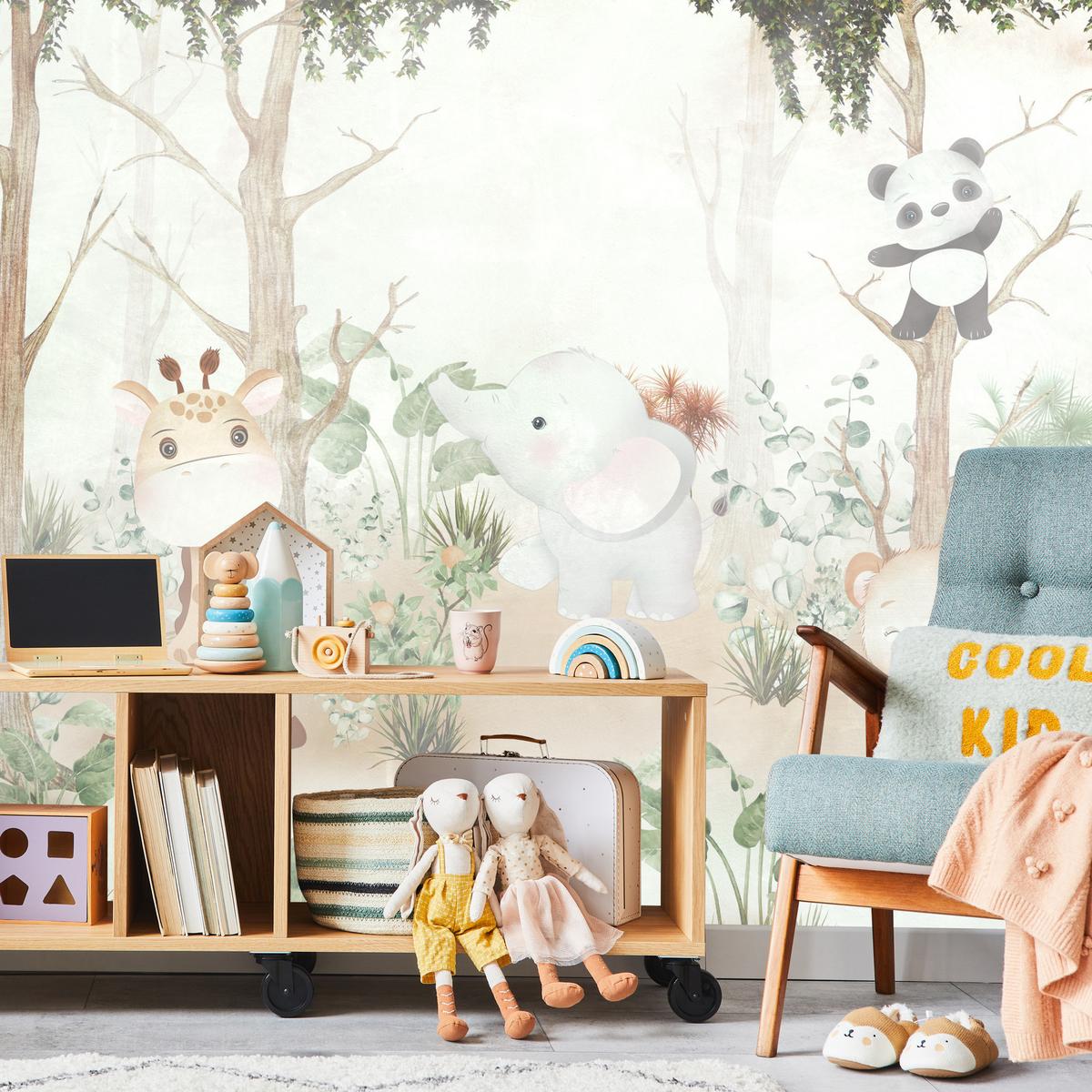 FOTOTAPETE für Kinder Tiere Wald Pflanzen 100x70 - Beige/Orange, Papier (100/70cm) - Muralo