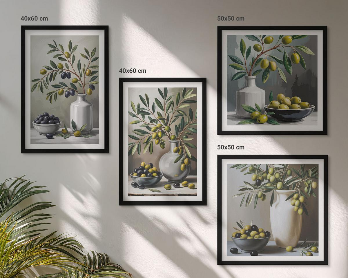 BILDER SET 4er Set - 50x50 cm & 40x60 cm Schwarzer Rahmen - Oliven in Keramikgrau - Schwarz, Kunststoff (50/50cm) - TULUP