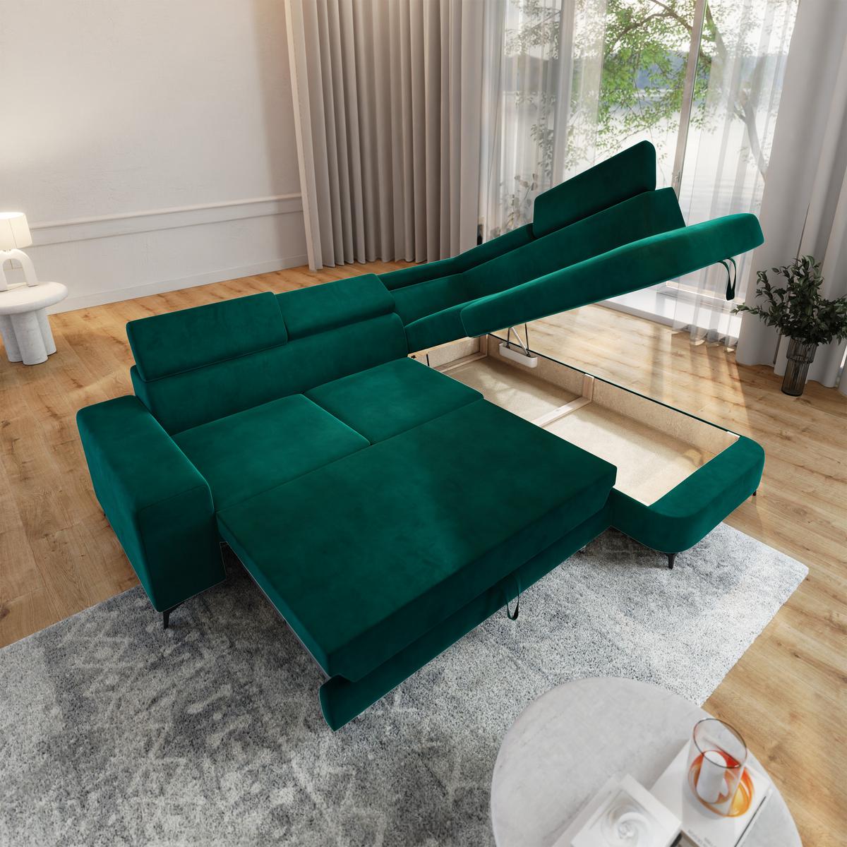 ECKSOFA ALVORO R-S Grün Velours-Stoff mit Schlaffunktion - Grün, Holz (253/190cm) - MASSENO