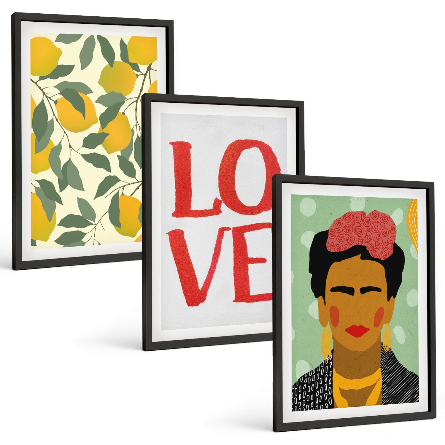 BILDER SET 3er Set - 40x60 cm Schwarzer Rahmen - Lemons LOVE Porträt von Frida - Schwarz, Kunststoff (40/60cm) - TULUP