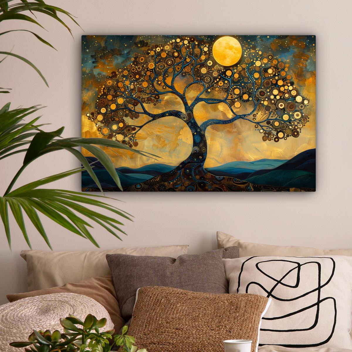 LEINWANDBILD Baum - Mond - Blumen - Gold - Kunst Gemälde 60x40 cm - Orange, Textil (60/40cm) - MuchoWow