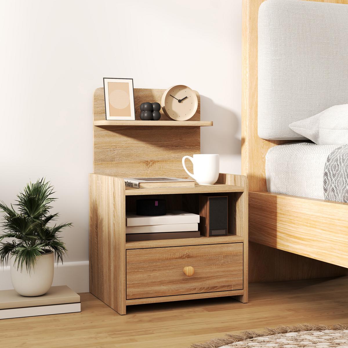 NACHTTISCH mit Schublade, Beistelltisch, Nachtschrank mit offenen Ablage Natur - Naturfarben, Holzwerkstoff (35/66/40cm) - HOMCOM