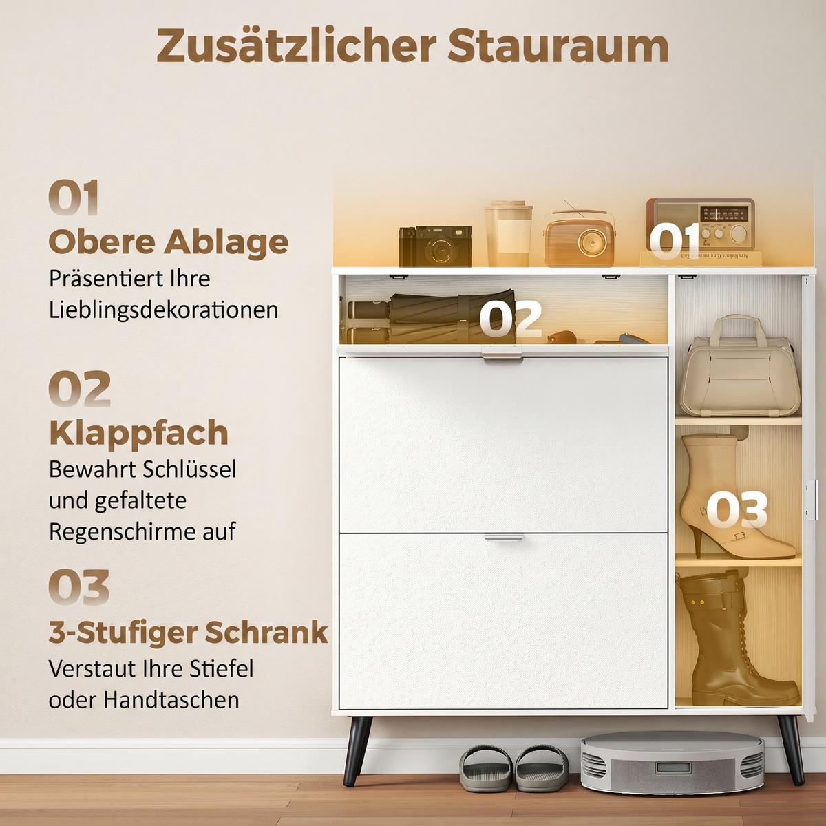 SCHUHSCHRANK Spanplatte-MDF Weiß - Silberfarben/Schwarz, Holzwerkstoff/Metall (23.8/106.6/99.4cm) - HOMCOM