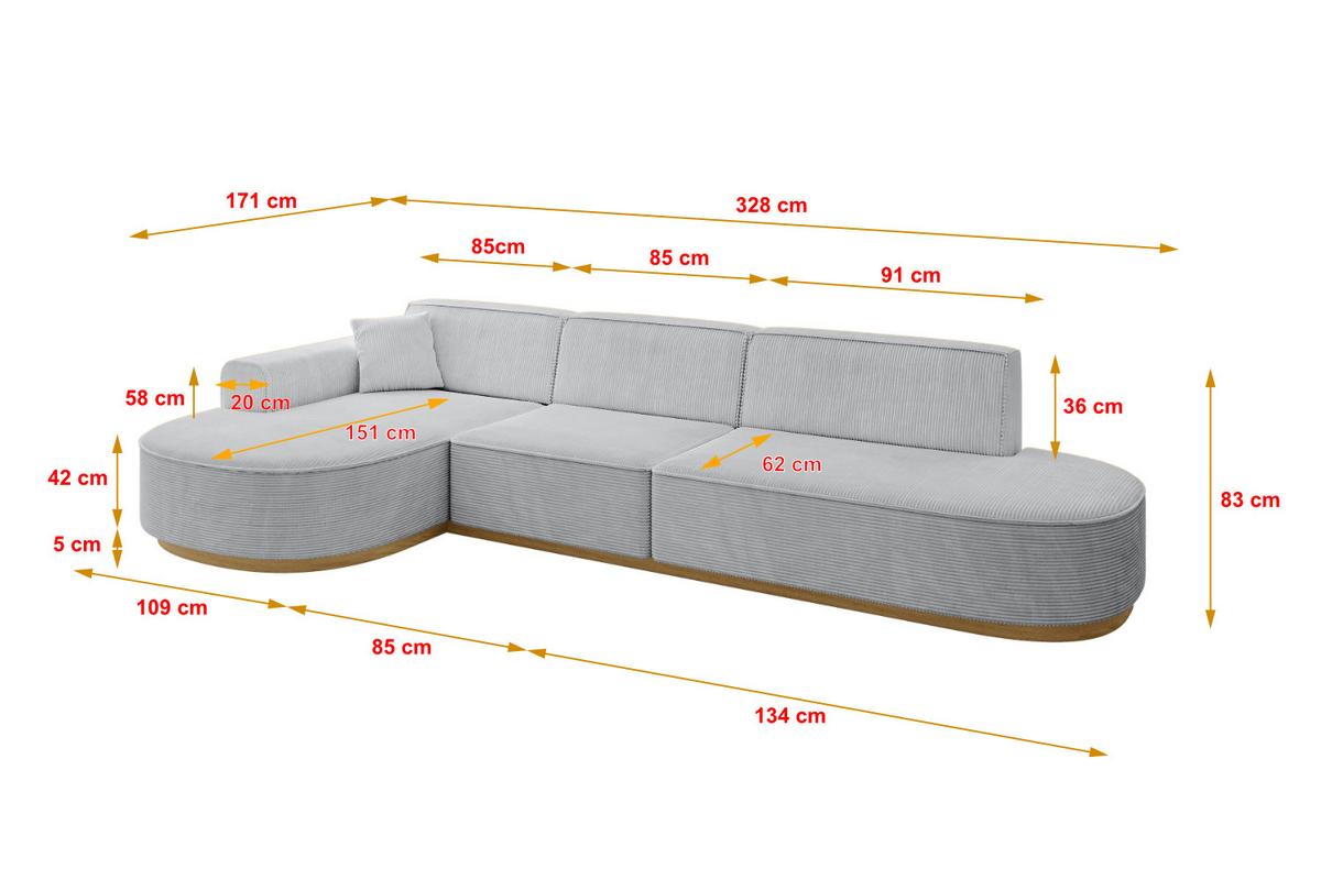 ECKSOFA Ottomane Links MARI-L2-v2 - 328x171x83 cm Grau Cord - Grau, Holzwerkstoff/Textil (328/171cm) - ALTDECOR
