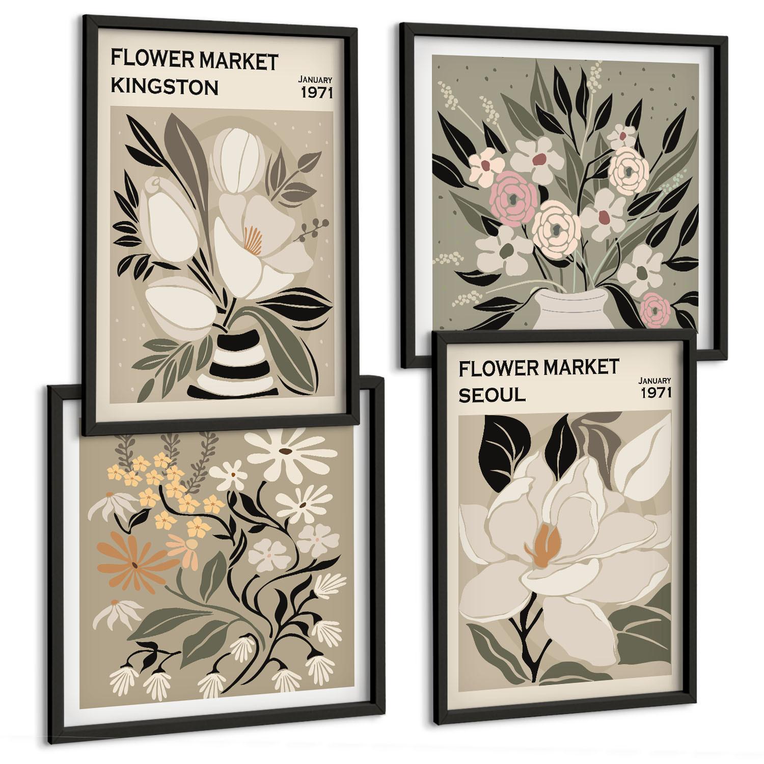 BILDER SET 4er Set - 50x50 cm & 40x60 cm Schwarzer Rahmen - Retro-Blumen aus Städten rund um die Welt - Schwarz, Kunststoff (50/50cm) - TULUP