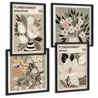 BILDER SET 4er Set - 50x50 cm & 40x60 cm Schwarzer Rahmen - Retro-Blumen aus Städten rund um die Welt - Schwarz, Kunststoff (50/50cm) - TULUP