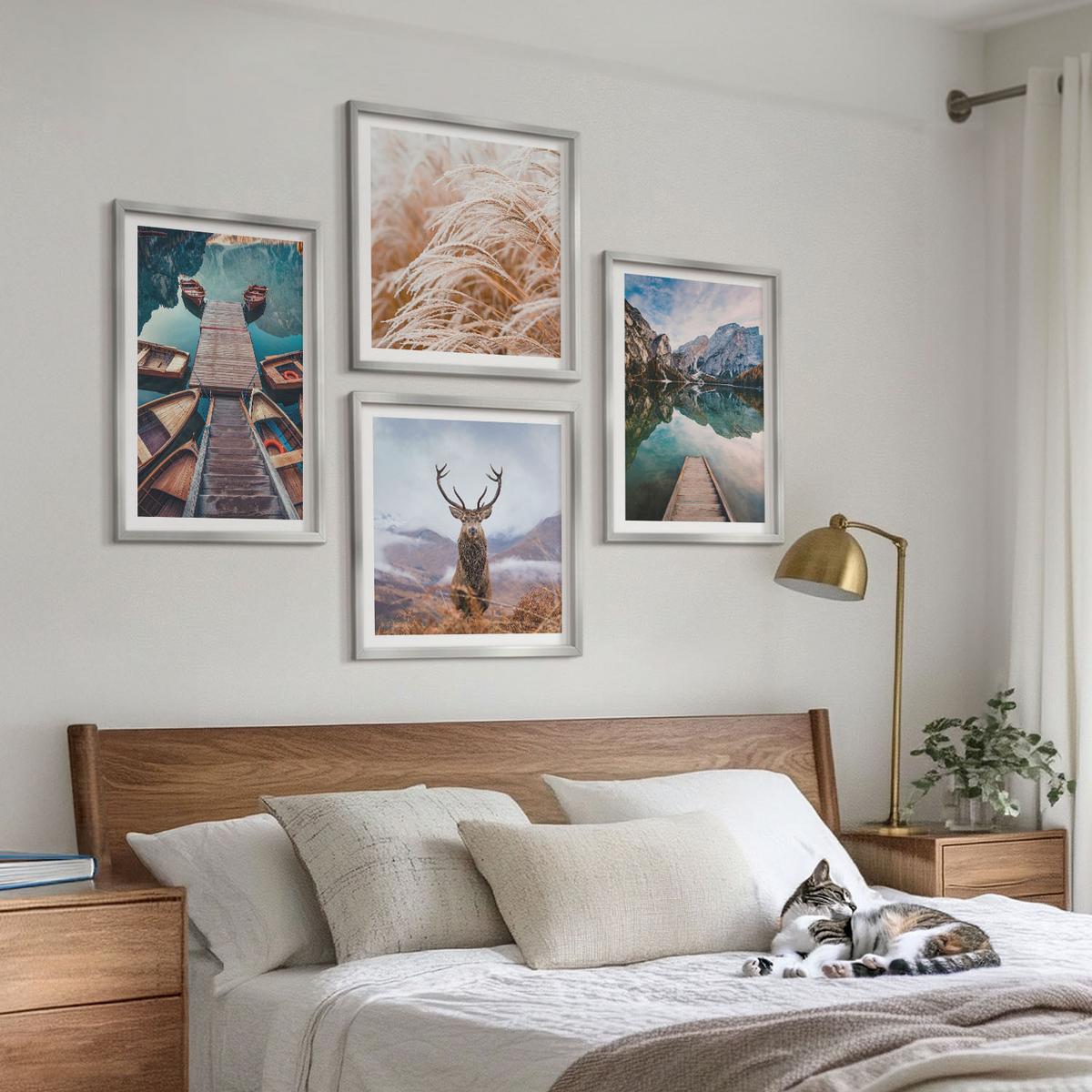 BILDER SET 4er Set - 50x50 cm & 40x60 cm Silberner Rahmen - Seeboote Hirsche Berge - Silberfarben, Kunststoff (50/50cm) - TULUP