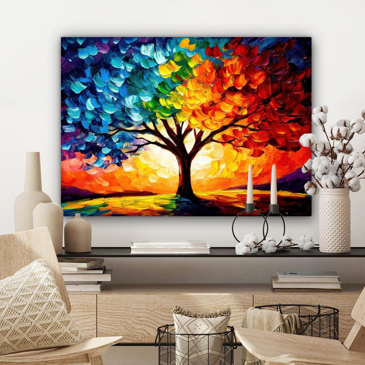 LEINWANDBILD Baum - Kunst - Natur - Sonnenuntergang Wandbilder 80x60 cm - Multicolor, Textil (80/60cm) - MuchoWow