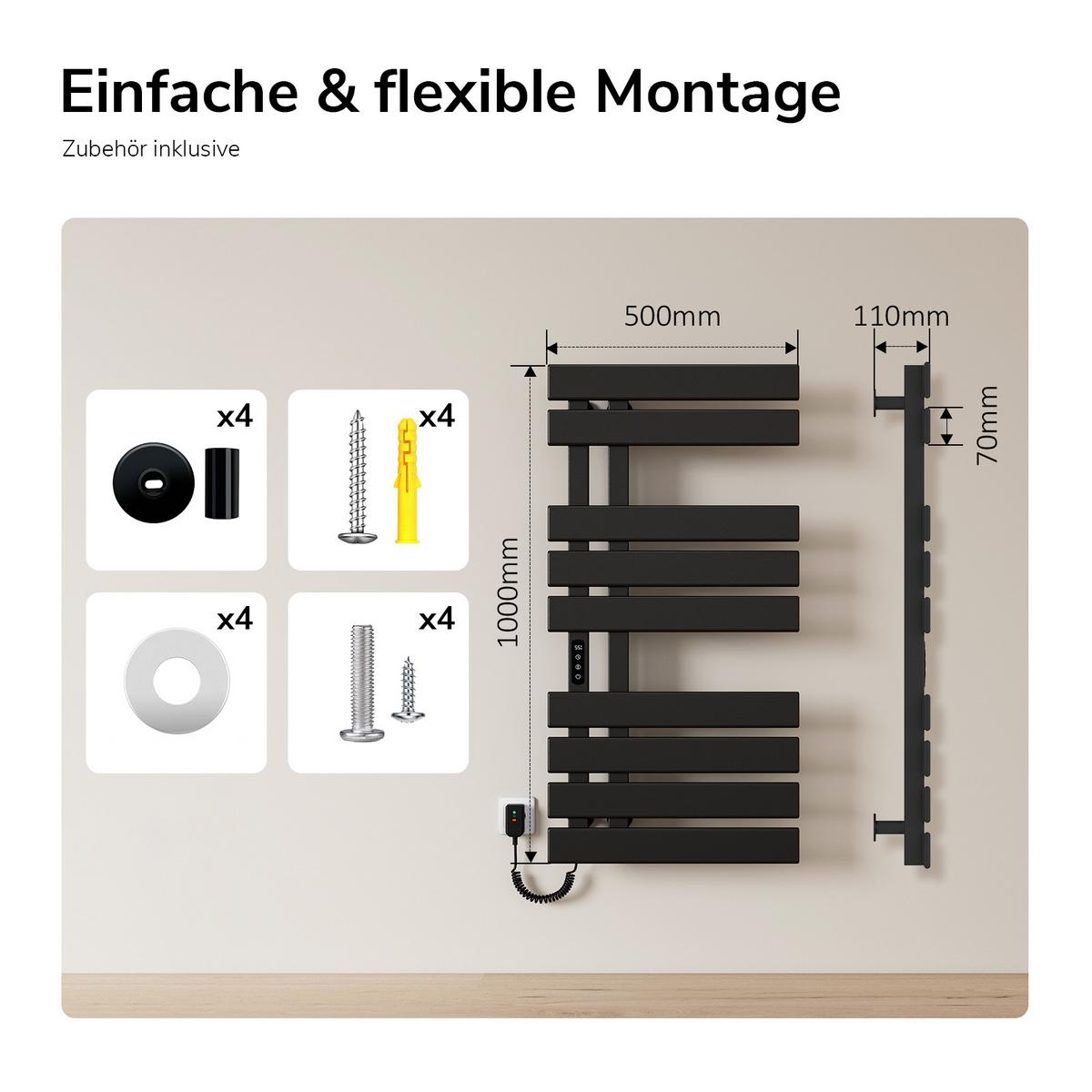 HEIZKÖRPER Elektrisch WLAN Thermostat Schwarz 100/50 cm - Schwarz, Metall (50/100/11cm) - EMKE