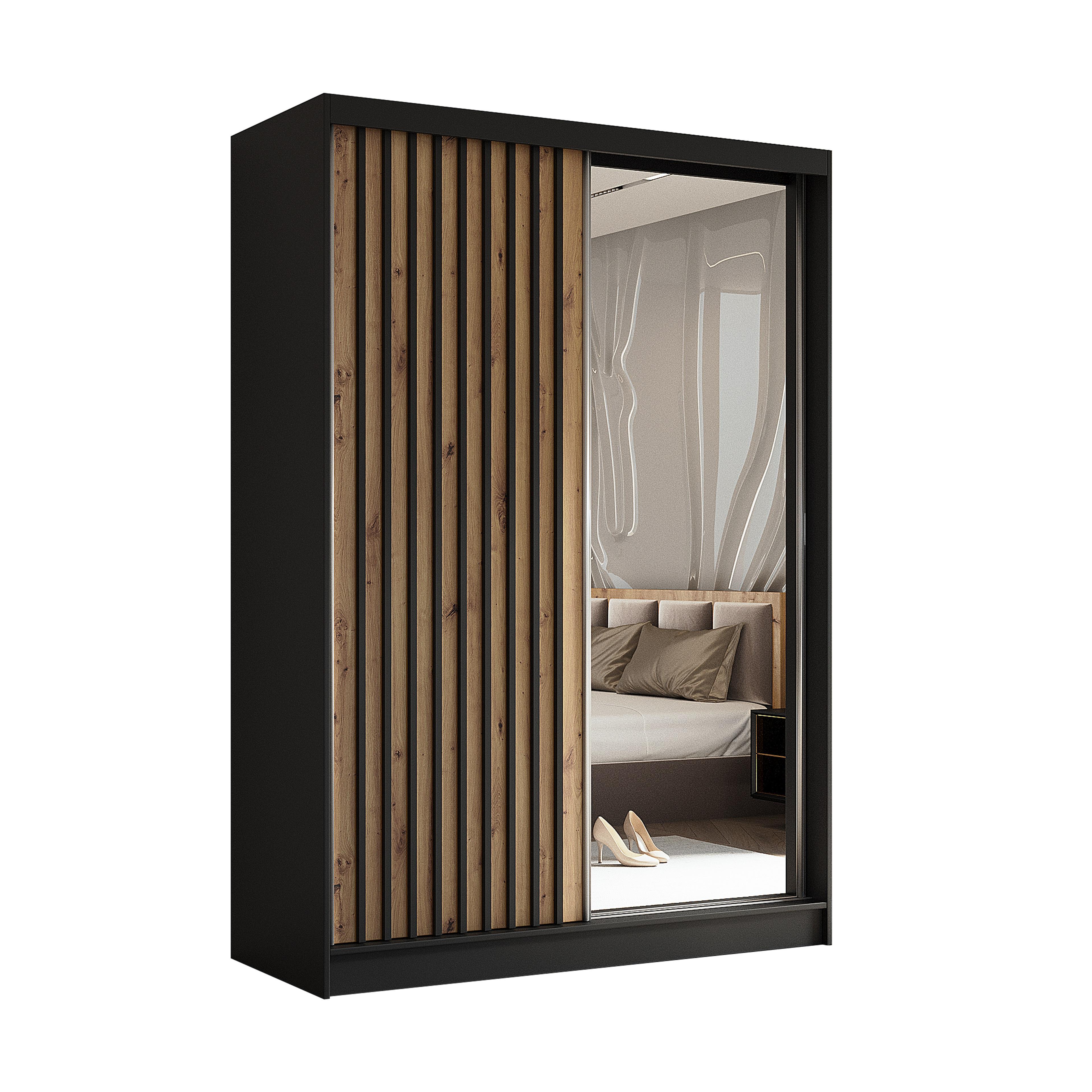 SCHWEBETÜRENSCHRANK LAMELLO 150/216/61 cm 2-türig mit Spiegel Schwarz - Schwarz/Eiche Artisan, Holzwerkstoff (150/216/61cm) - MASSENO