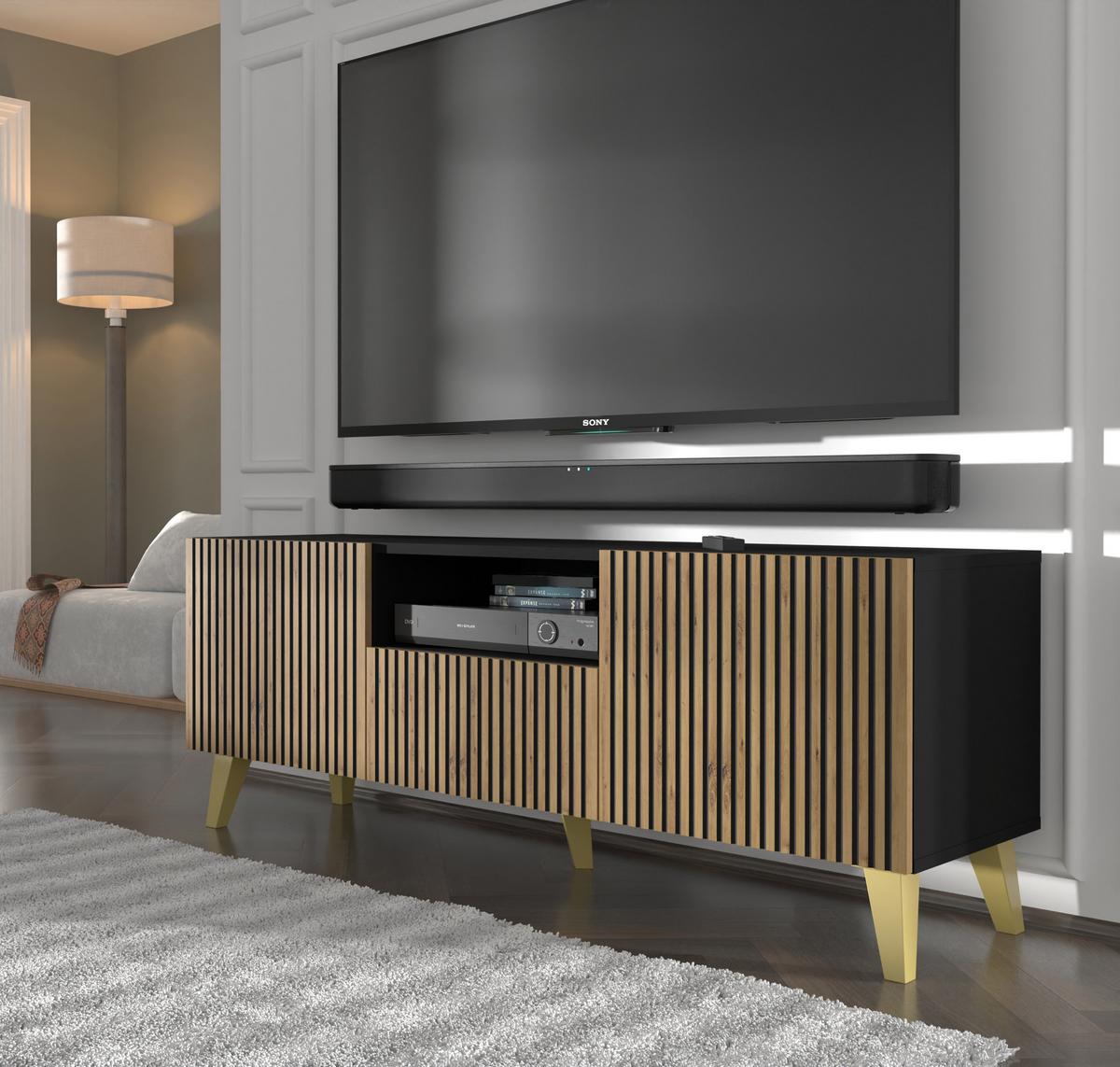 TV LOWBOARD Schwarz, Artisan-Schwarz, Gold 150/56/42 - Schwarz, Holzwerkstoff (150/56/42cm) - RAUMHIRSCH FURNITURE