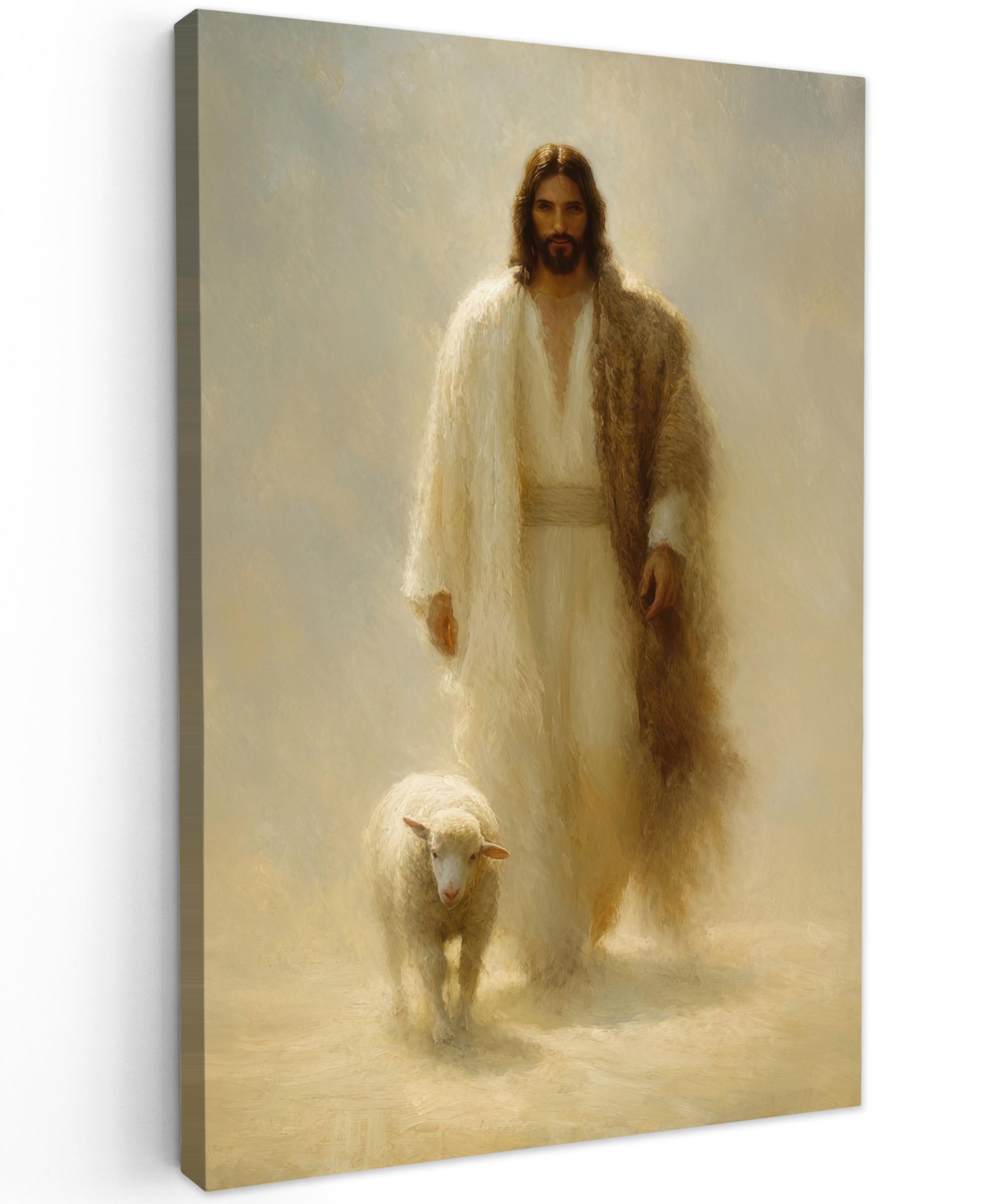 LEINWANDBILD Schaf - Jesus - Pinselstriche - Abstrakt Wanddeko 40x60 cm - Sandfarben, Textil (40/60cm) - MuchoWow